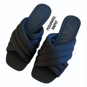 ZARA Quilted Slides Square Toe Sandals 37 7 6.5